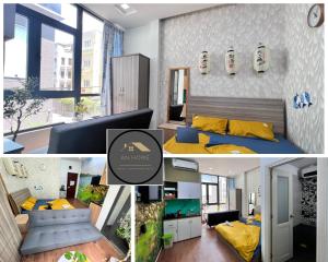 a collage of photos of a room with a bedroom at StudiO Le Thanh Ton R302 -Japanese Town- Saigon Central in Ho Chi Minh City