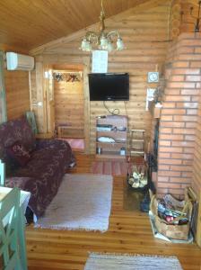 uma sala de estar com um sofá e uma televisão de ecrã plano em Päivänsäde Cottage em Toivakka