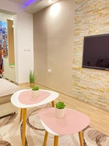 2 Tische im Wohnzimmer mit einem TV an der Wand in der Unterkunft Apartman MiNa in Mataruška Banja