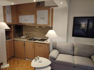 ein Wohnzimmer mit einem Sofa, einem Tisch und einem TV in der Unterkunft Studio Apollonia in Alexandroupoli