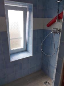 baño de azulejos azules con ventana y ducha en Apartment Vignole, en Portorož
