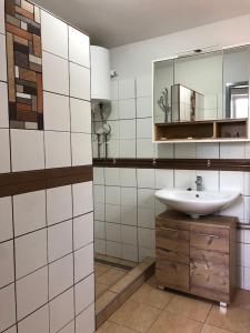 W łazience znajduje się umywalka i lustro. w obiekcie Három Tarka Macska Apartmanok w mieście Sárospatak