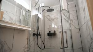 a bathroom with a shower with a glass door at Mivano-Apartments WiFi Küche NETFLIX in Celle