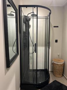 a glass shower in a bathroom with a mirror at Notodden Sentrum Apartment NO 11 in Notodden