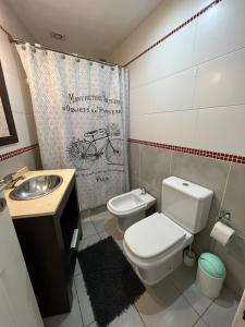 a bathroom with a toilet and a sink and a shower curtain at Departamento Alem 830 in Ushuaia
