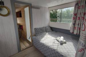 Briennon的住宿－Libéllule péniche nuit insolite，一间小卧室,配有一张床和镜子