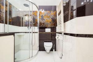 クラクフにあるFloriańska Glamour Apartmentsのバスルーム(トイレ、ガラス張りのシャワー付)