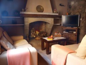 sala de estar con chimenea y TV en Casa Rural El Olivo, en Guijo de Granadilla