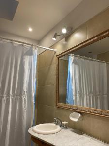 uma casa de banho com um lavatório e um espelho em Apart Bosch House em Vicente López