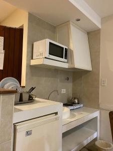 uma pequena cozinha com um micro-ondas e um lavatório em Apart Bosch House em Vicente López