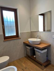 łazienka z umywalką i lustrem oraz 2 toalety w obiekcie Green Woods w Weronie