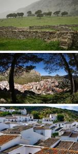 two pictures of a town with buildings and a field at Hotel Rural Palacete de Mañara in Montejaque