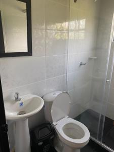 a bathroom with a toilet and a sink and a shower at Cabañas Villa Albita in Villavicencio