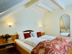 ein Hotelzimmer mit einem Bett und einem Spiegel in der Unterkunft Hotel Im Winkel Appartements und Zimmer in Langenargen