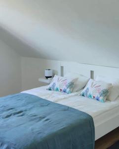 Una cama blanca con dos almohadas encima. en Borcsa Pihenőház en Mezőkövesd