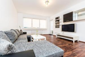 ein Wohnzimmer mit einem Sofa und einem TV in der Unterkunft Ferienwohnung Köln Stammheim in Köln