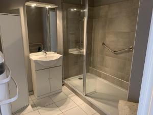 a bathroom with a shower and a sink and a glass shower stall at Appartement T2 neuf avec parking à Fort-Mahon-Plage - FR-1-482-77 in Fort-Mahon-Plage