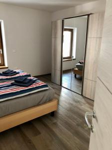 1 dormitorio con cama y espejo grande en CasaTati, en Molina di Ledro