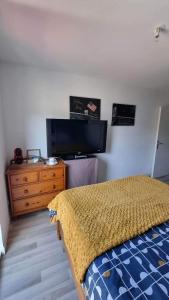 een slaapkamer met een bed en een flatscreen-tv bij Chambre confortable chez l'habitant in Saint-Laurent