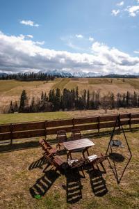 a picnic table and chairs in a field at Willa Montana - apartament widokowy w Bukowinie Tatrzańskiej in Bukowina Tatrzańska