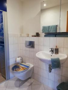 La salle de bains est pourvue de toilettes et d'un lavabo. dans l'établissement Ferienapartment Brandstatt, à Seeg