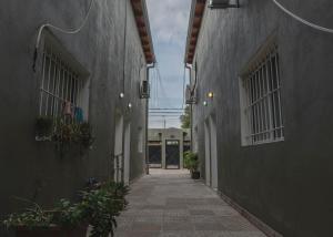 科連特斯的住宿－Complejo Yaguareté，两座种植盆栽植物的建筑之间的小巷