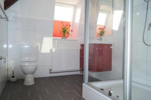 ein Badezimmer mit einem WC, einer Dusche und einer Badewanne in der Unterkunft Ferienwohnung Nord in Fehmarn