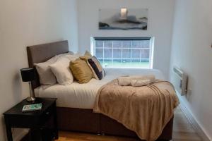 1 dormitorio con cama con almohadas y ventana en Cozy and Modern 2-bed apartment en Swansea