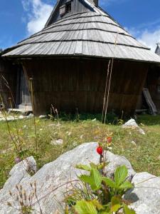 an old building with a rock in front of it at Chalet Korosica Velika Planina in Stahovica