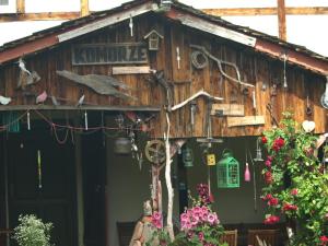 ein Holzgebäude mit Blumen davor in der Unterkunft Pensjonat Kalina Komorze in Komorze