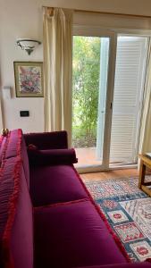 a purple couch in a living room with a sliding glass door at Villette Aldobrandeschi Urban Oasis Vacation Homes in Rome