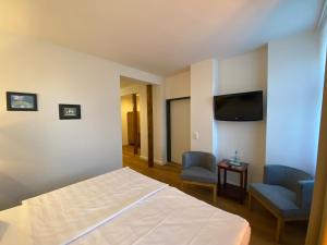 um quarto com uma cama, uma televisão e cadeiras em Hotel Elefant em Schwerin