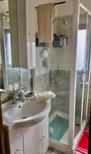 La salle de bains est pourvue d'un lavabo et d'une douche. dans l'établissement CASA VACANZE ROSA BLU, à Giffoni Valle Piana