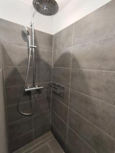a shower with a shower head in a bathroom at Mellum in Norden