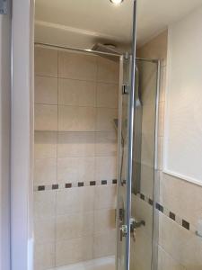 a shower with a glass door in a bathroom at Sfeervol guesthouse, privé tuin en free parking in Rotterdam
