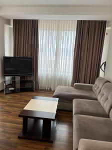 a living room with a couch and a tv at Villa Deluxe Premium Apartment 308 in Bakuriani