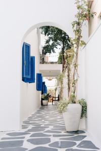 Pousada Villa Santô في غوارويا: ممر به جدران بيضاء وأبواب زرقاء ونباتات الفخار
