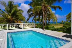 a pool with palm trees and the ocean in the background at Alfred House home in Governorʼs Harbour