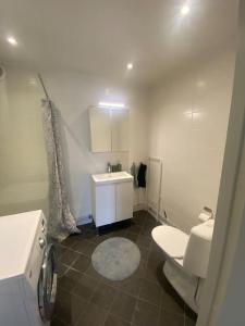 La salle de bains est pourvue de toilettes blanches et d'un lavabo. dans l'établissement Gästhus i Borås (Guest House), à Borås