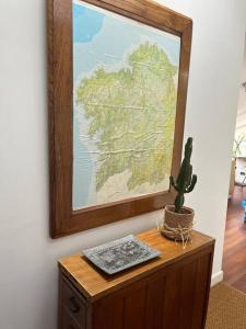 a cactus on a wooden table with a picture on the wall at apartamento centro in Ferrol