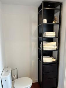 a bathroom with a black shelf next to a toilet at apartamento centro in Ferrol +18 photos