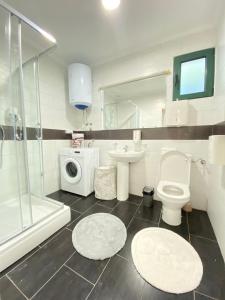 a bathroom with a shower toilet and a sink at Aquata Apartments in Tivat