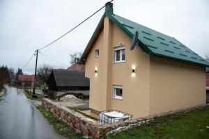 a house with a green roof on a street at Golden House in Kolašin