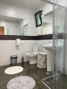 a bathroom with a toilet and a sink and a shower at Aquata Apartments in Tivat