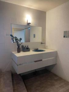 La salle de bains est pourvue d'un lavabo et d'un miroir. dans l'établissement Casa Clemente Lachigoló, à San Francisco Lachigoló