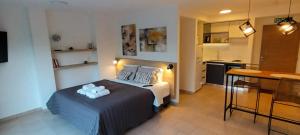 1 dormitorio pequeño con 1 cama y cocina en D&G USH I en Ushuaia
