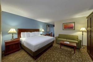 une chambre d'hôtel avec un lit et un canapé vert dans l'établissement The Inn On The River, à Pigeon Forge