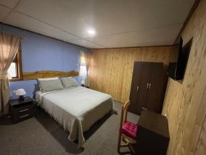 a bedroom with a bed and a flat screen tv at Hostal Rama Fueguina in Teodoro Schmidt