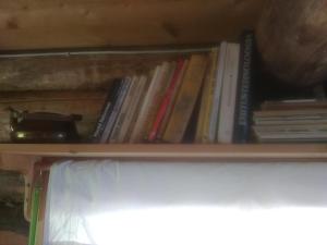 a shelf with a bunch of books on it at Pähnamäe metsamajake in Ruusmäe