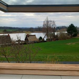 a window view of a field and a lake at Ferienwohnung am Papensee in Hohen Sprenz